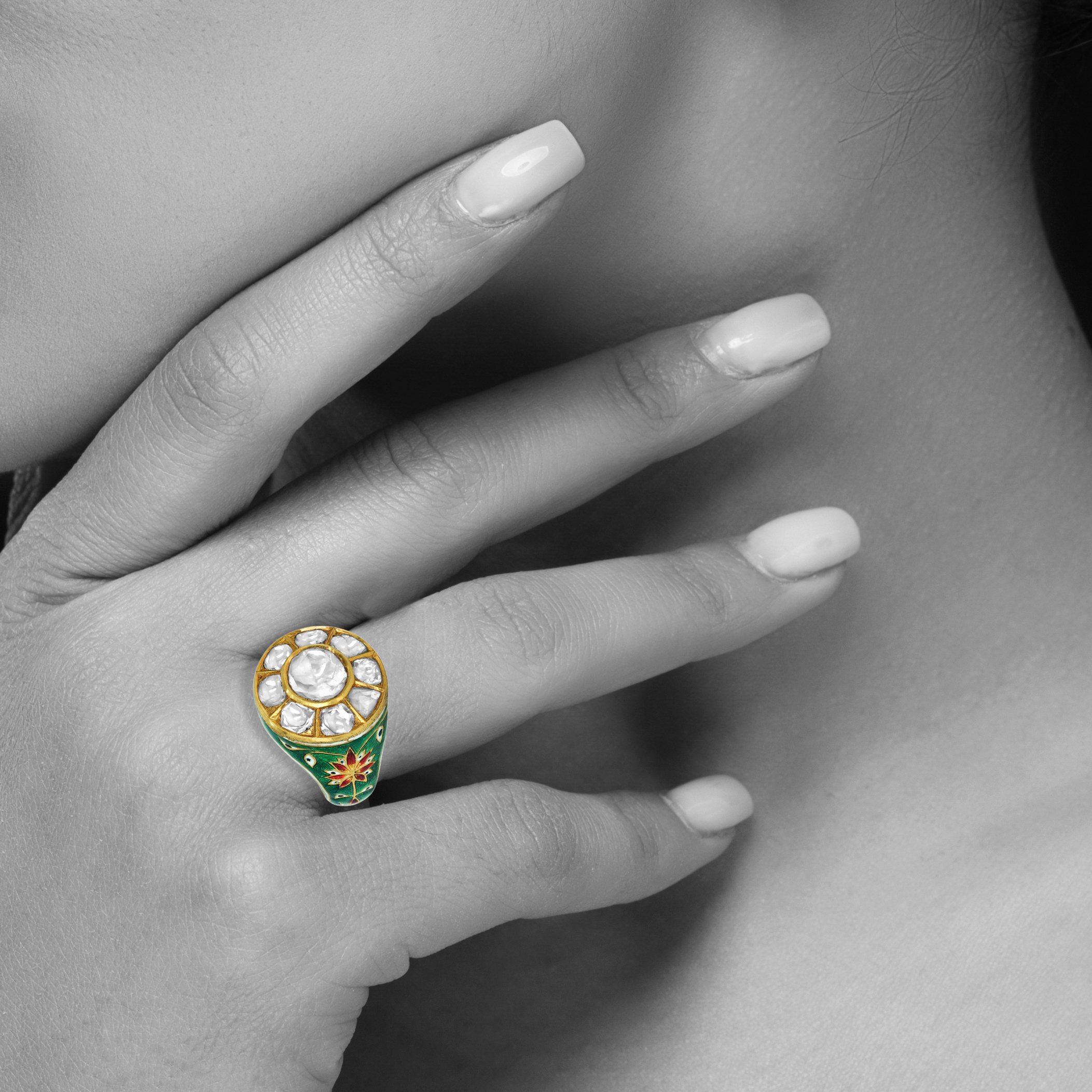 Polki Ring with Green Enamel Floral Motifs